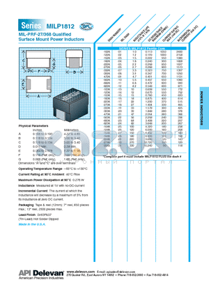 MILP1812-104K datasheet - MIL-PRF-27/368 Qualified Surface Mount Power Inductors