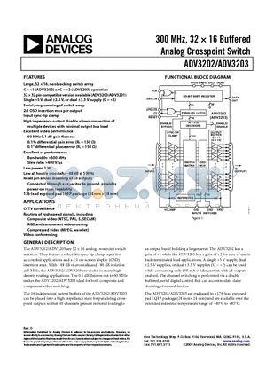 ADV3202 datasheet - 300 MHz, 32  16 Buffered  Analog Crosspoint Switch