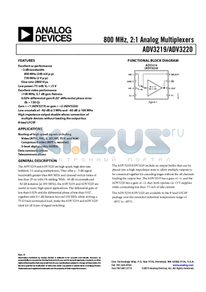 ADV3220-EVALZ datasheet - 800 MHz, 2:1 Analog Multiplexers