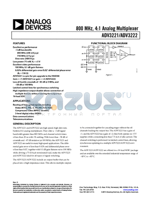 ADV3222ARZ datasheet - 800 MHz, 4:1 Analog Multiplexer