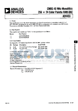 ADV453TE/883B datasheet - CMOS 40 MHz Monolithic 256 x 24 Color Palette RAM-DAC