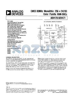ADV471 datasheet - CMOS 80 MHz Monolithic 256 x 24(18) Color Palette RAM-DACs