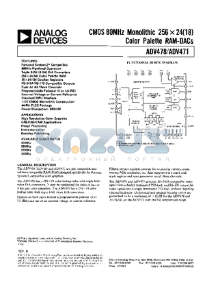 ADV471KP50 datasheet - CMOS 80 MHz Monolithic 256 x 24(18) Color Palette RAM-DACs