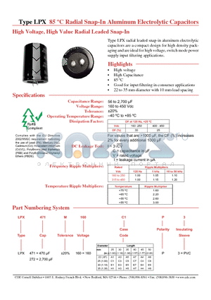 LPX121M400A3P3 datasheet - 85 C Radial Snap-In Aluminum Electrolytic Capacitors High Voltage, High Value Radial Leaded Snap-In