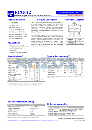 ECG012B-G datasheet - 0.1 Watt, High Linearity InGaP HBT Amplifier