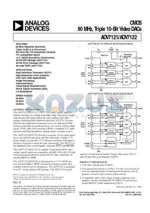 ADV7122KP30 datasheet - CMOS 80 MHz, Triple 10-Bit Video DACs