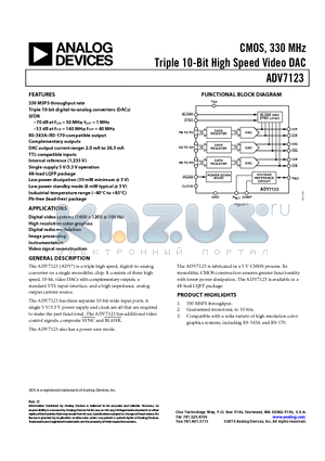 ADV7123KSTZ140 datasheet - CMOS, 330 MHz Triple 10-Bit High Speed Video DAC