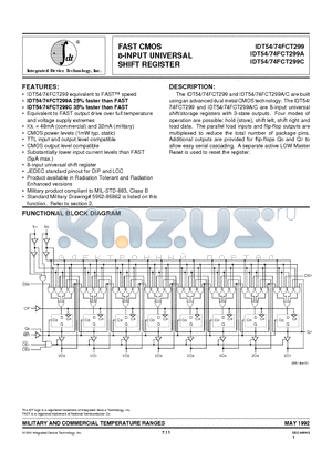 IDT54FCT299CDB datasheet - FAST CMOS 8-INPUT UNIVERSAL SHIFT REGISTER
