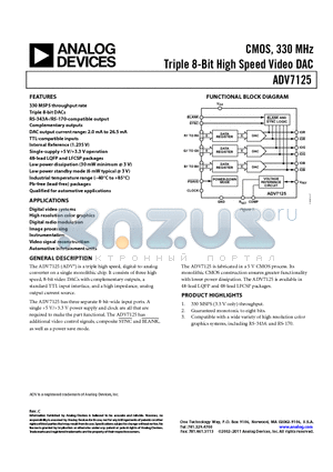 ADV7125JSTZ330 datasheet - CMOS, 330 MHz Triple 8-Bit High Speed Video DAC