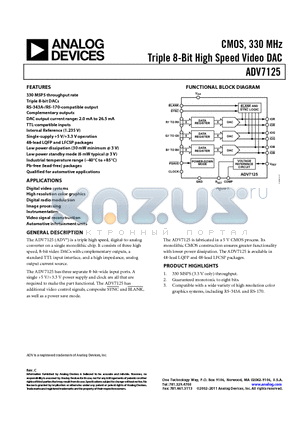 ADV7125KSTZ50 datasheet - CMOS, 330 MHz Triple 8-Bit High Speed Video DAC