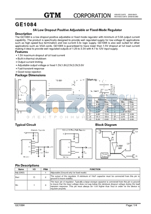 GE1084 datasheet - 5A Low Dropout Positive Adjustable or Fixed-Mode Regulator