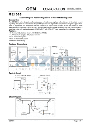 GE1085 datasheet - 3A Low Dropout Positive Adjustable or Fixed-Mode Regulator