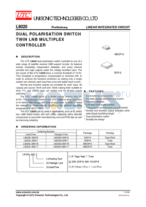 L8020 datasheet - DUAL POLARISATION SWITCH TWIN LNB MULTIPLEX CONTROLLER