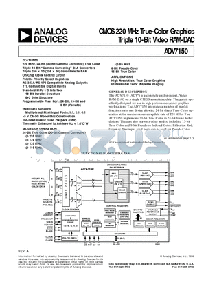 ADV7150LS135 datasheet - CMOS 220 MHz True-Color Graphics Triple 10-Bit Video RAM-DAC