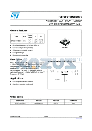 GE200NB60S datasheet - N-CHANNEL 150A - 600V - ISOTOP PowerMESH IGBT