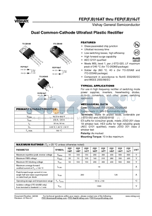 FEP16FT datasheet - Dual Common-Cathode Ultrafast Plastic Rectifier