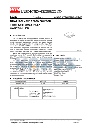 L8020 datasheet - DUAL POLARISATION SWITCH TWIN LNB MULTIPLEX CONTROLLER