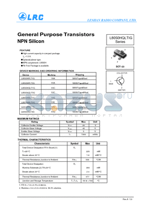 L8050HQLT1G datasheet - General Purpose Transistors NPN Silicon Epitaxial planar type.