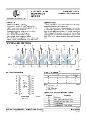 IDT54FCT3573A datasheet - 3.3V CMOS OCTAL TRANSPARENT LATCHES