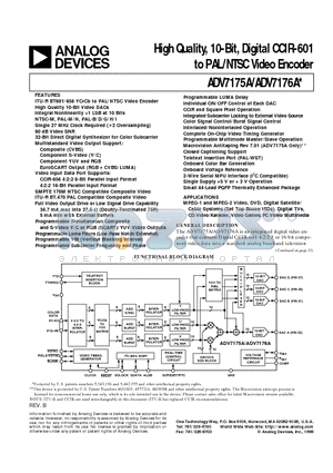 ADV7176AKS datasheet - High Quality, 10-Bit, Digital CCIR-601 to PAL/NTSC Video Encoder