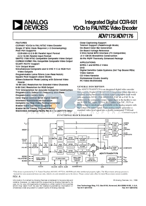 ADV7176KS datasheet - Integrated Digital CCIR-601 YCrCb to PAL/NTSC Video Encoder