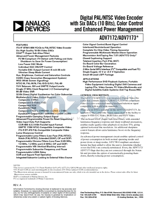 ADV7172KST datasheet - Digital PAL/NTSC Video Encoder with Six DACs 10 Bits, Color Control and Enhanced Power Management