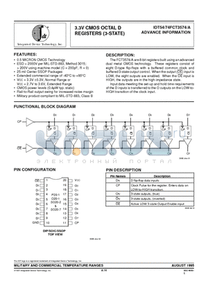 IDT54FCT3574SO datasheet - 3.3V CMOS OCTAL D REGISTERS (3-STATE)