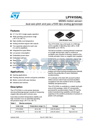 LPY4150ALTR datasheet - MEMS motion sensor: dual-axis pitch and yaw a1500 dps analog gyroscope