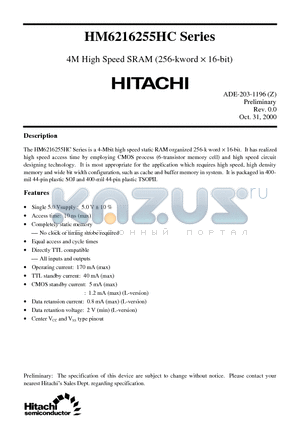HM6216255HC datasheet - 4M High Speed SRAM (256-kword x 16-bit)