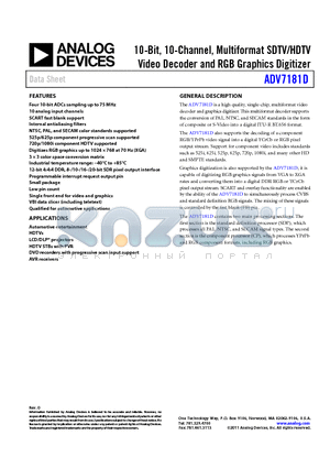 ADV7181DBCPZ datasheet - 10-Bit, 10-Channel, Multiformat SDTV/HDTV