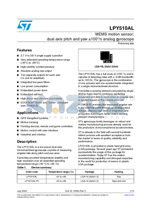 LPY510AL datasheet - MEMS motion sensor: dual axis pitch and yaw a100`/s analog gyroscope