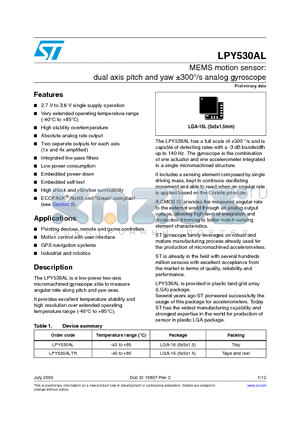 LPY530ALTR datasheet - MEMS motion sensor: dual axis pitch and yaw a300`/s analog gyroscope