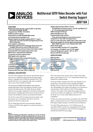 ADV7184 datasheet - Multiformat SDTV Video Decoder with Fast Switch Overlay Support