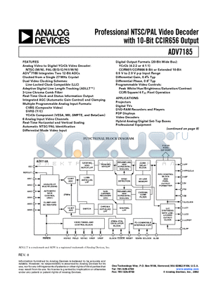 ADV7185KST datasheet - Professional NTSC/PAL Video Decoder with 10-Bit CCIR656 Output