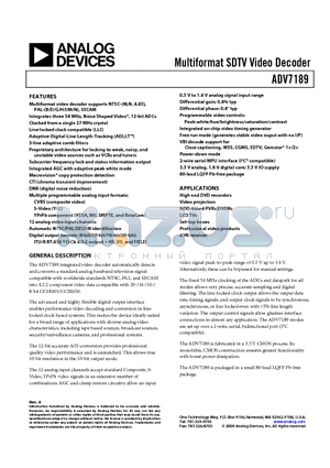 ADV7189 datasheet - Multiformat SDTV Video Decoder