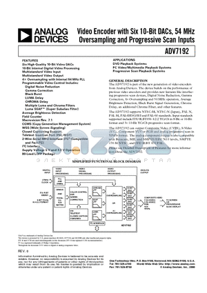 ADV7192 datasheet - Video Encoder with Six 10-Bit DACs, 54 MHz Oversampling and Progressive Scan Inputs