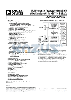 ADV7305A datasheet - Multiformat SD, Progressive Scan/HDTV Video Encoder with Six NSV 14-Bit DACs