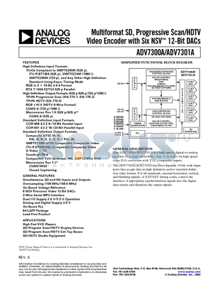 ADV7300A datasheet - Multiformat SD, Progressive Scan/HDTV Video Encoder with Six NSV 12-Bit DACs