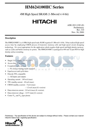 HM624100HCJP-10 datasheet - 4M High Speed SRAM (1-Mword x 4-bit)
