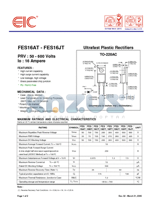 FES16FT datasheet - Ultrafast Plastic Rectifiers