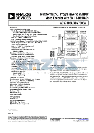 ADV7302AKST datasheet - Multiformat SD, Progressive Scan/HDTV Video Encoder with Six 11-Bit DACs