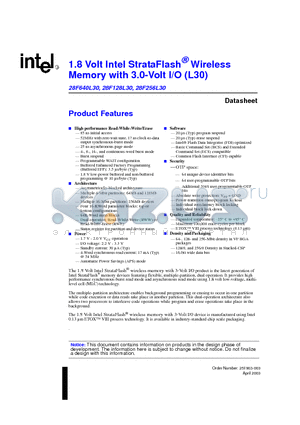 GE28F640L30B110 datasheet - 1.8 Volt Intel StrataFlash^ Wireless Memory with 3.0-Volt I/O (L30)