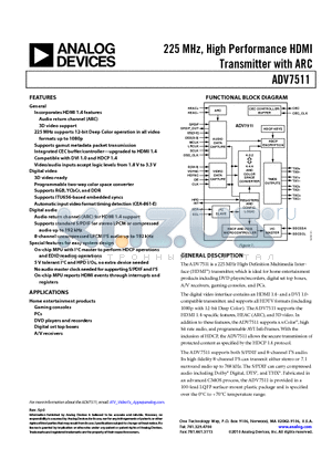 ADV7511 datasheet - 225 MHz, High Performance HDMI Transmitter with ARC