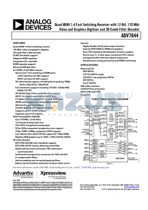 ADV7844 datasheet - Quad HDMI 1.4 Fast Switching Receiver with 12-Bit, 170 MHz Video and Graphics Digitizer and 3D Comb Filter Decoder