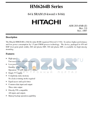 HM6264BLSP-10L datasheet - 64 k SRAM (8-kword x 8-bit)