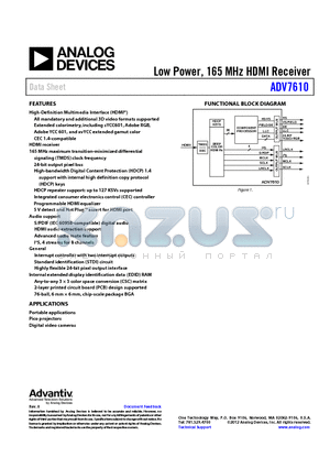 ADV7610BBCZ-RL datasheet - Low Power, 165 MHz HDMI Receiver