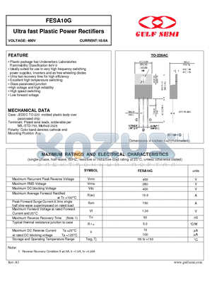 FESA10G datasheet - Ultra fast Plastic Power Rectifiers VOLTAGE: 400V CURRENT:10.0A