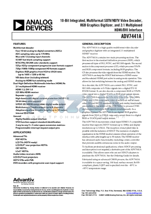 ADV7441ABSTZ-5P datasheet - 10-Bit Integrated, Multiformat SDTV/HDTV Video Decoder, RGB Graphics Digitizer, and 2:1 Multiplexed HDMI/DVI Interface