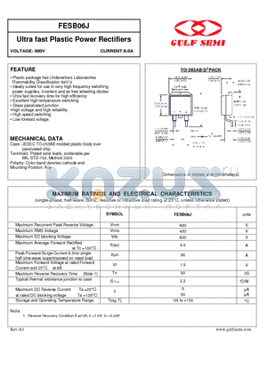 FESB06J datasheet - Ultra fast Plastic Power Rectifiers VOLTAGE: 600V CURRENT:6.0A