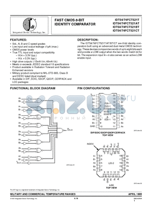 IDT54FCT521AT datasheet - FAST CMOS 8-BIT IDENTITY COMPARATOR